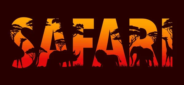 Safari Paisagem Pôr Sol Africano Com Silhuetas Animais Vetor Dupla —  Vetores de Stock