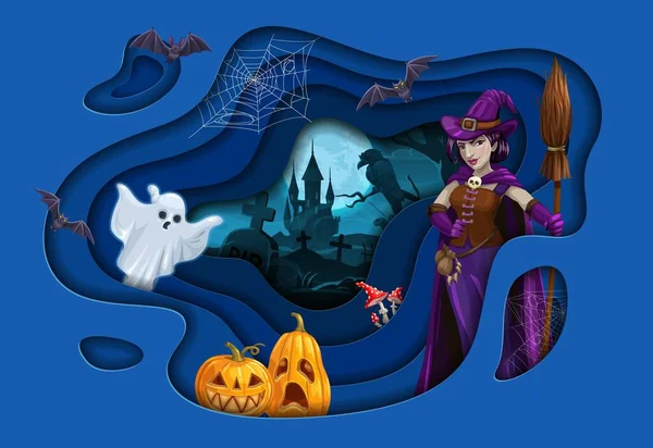 Halloween Paper Cut Landscape Cartoon Witch Pumpkins Ghost Castle Vector — Stock Vector