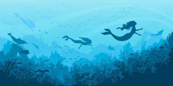 人魚のシルエットと水中の海の風景 漫画のおとぎ話の海底 ベクトルの背景 イルカ アカエイ 魚が海に浮かぶ人魚の水中シルエットの海洋ファンタジー世界 — ストックベクタ