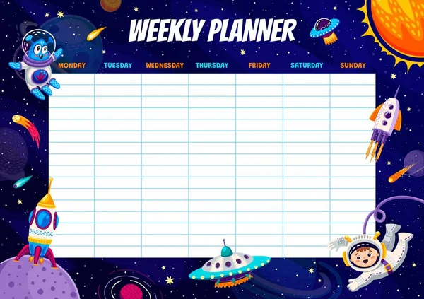 Wochenplaner Zeichentrickfiguren Planeten Und Raumschiffe Bildung Stundenplan Vektorschablone Mit Lustigen — Stockvektor