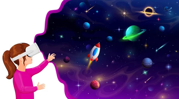 Cartoon Girl Kid Helmet Dreaming Space Vector Child Explore Universe — Stock Vector