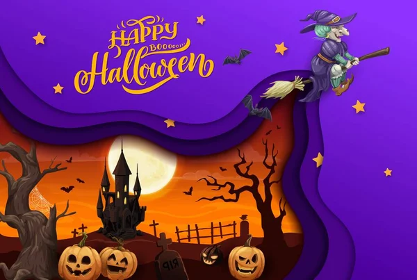 Papel Halloween Cortado Bruja Voladora Paisaje Cementerio Feliz Halloween Vector — Vector de stock