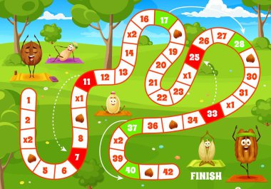 Yeşil çayır üzerinde yoga konulu çizgi film delileri, masa basamakları çalışma tablosu, vektör sınavı. Hindistan cevizli ve fıstıklı fındıklı ya da başlangıç ve bitiş için yoga fitness aktiviteli cevizli.