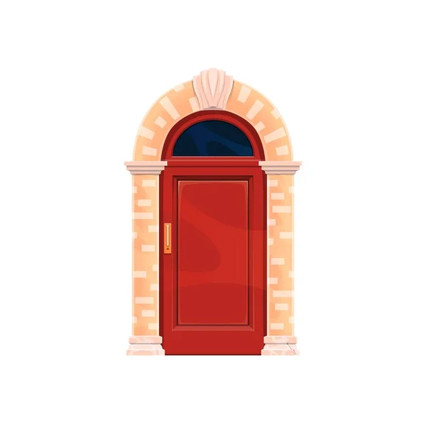石の戸口のアーチ 古い家やヴィンテージの家の入り口 漫画のベクトルとフロントドア 石レンガ造りの門アーチとマンションの正面玄関 古代のアパートの赤い木製のドアとアンティークゲートウェイ — ストックベクタ