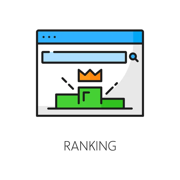 ベクトルSeo分析のWeb監査アイコンのランキング 検索エンジン最適化ランキングとウェブマーケティング研究のトップ1位カラーラインシンボル上の受賞者の表彰台と金冠を持つウェブサイトページ — ストックベクタ