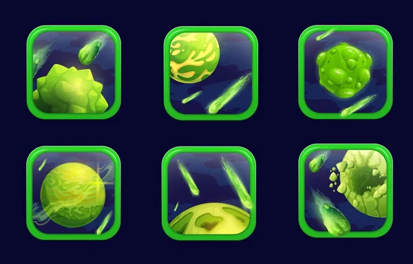 Cartoon Space Game App Symbole Mit Grünen Planeten Und Asteroiden — Stockvektor