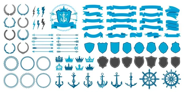 ヴィンテージバッジ シール 月桂樹の花輪と王冠 アンカーとシールドベクトルオブジェクト 船舶アンカーと舵を持つ王室のヨットクラブのための海洋 航海や海軍紋章記号や紋章記号 — ストックベクタ