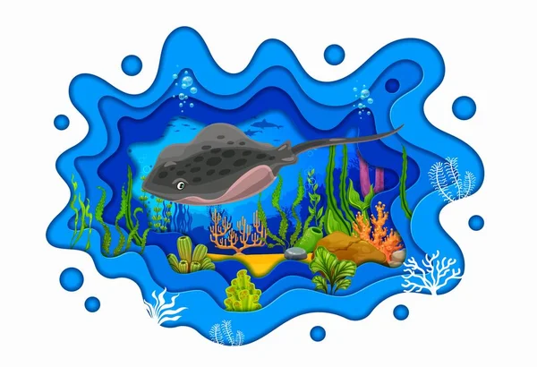 Meerespapier Geschnittene Landschaft Mit Cartoon Stachelrochen Tier Und Algen Vektor — Stockvektor