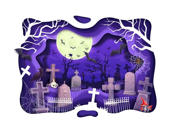 Friedhofspapierschnitt Halloween Vector Effekt Papercut Design Nächtliche Friedhofslandschaft Mit Gräbern — Stockvektor