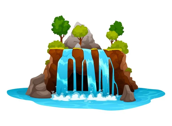 卡通瀑布和瀑布瀑布 矢量飞溅的溪流和喷气式飞机从岩石上坠落 绿油油的植被层出不穷 与夏季植物隔离的多流 自然环境或公园装饰 — 图库矢量图片
