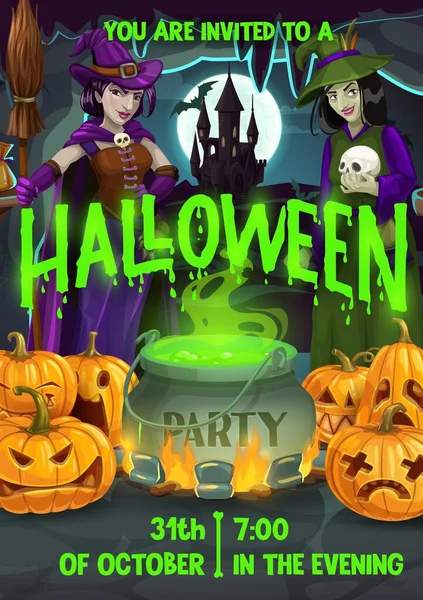Folleto Halloween Con Brujas Dibujos Animados Calabazas Cartel Invitación Fiesta — Archivo Imágenes Vectoriales