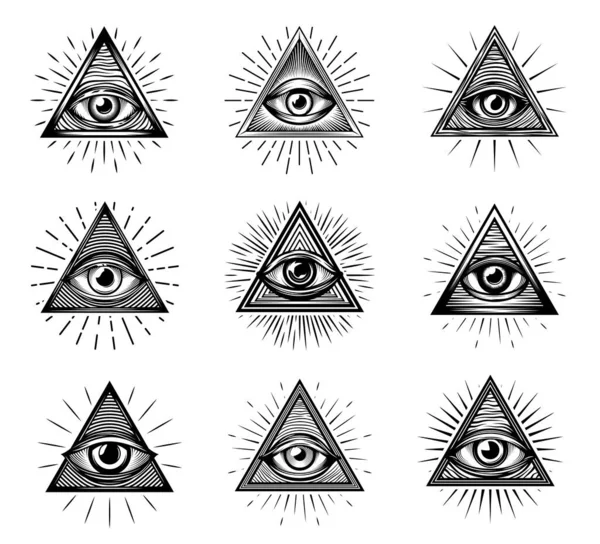 Occhi Illuminati Con Piramidi Muratori Simboli Provvidenza Triangolare Con Tutti — Vettoriale Stock