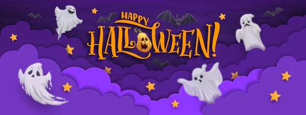 Halloweenpapier Spandoek Vliegende Geesten Vleermuizen Nachtelijke Hemel Wolken Happy Halloween — Stockvector