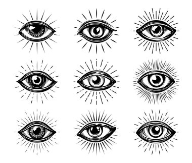 Providence Iluminati 'nin gözü. Mason dövmesi, esrarengiz okült sembolü. Boho şans işareti, mistik ya da esrarengiz ilahi takdir, servet ve okültizm kutsal sembol, Tanrı hepsi göz oymalı vektör amblemleri görüyor.