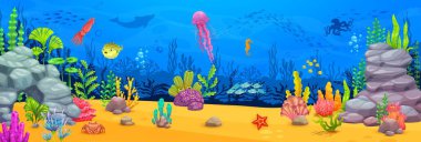 Su altı manzarası. Deniz oyunu seviyesinde büyüleyici mercan resifleri, canlı deniz yaşamı ve zorlu engeller var. Vektör gui arayüzü arka planı, derinlere dalın ve okyanus harikalarını keşfedin