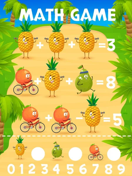 Wiskunde Spel Werkblad Cartoon Tropisch Fruit Sportman Personages Vector Wiskunde — Stockvector