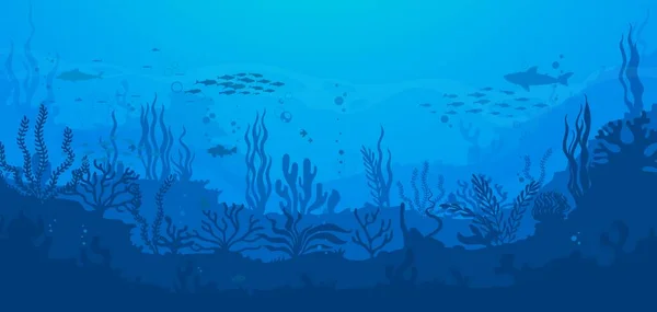 ベクトルの背景に魚の浅瀬やサメと漫画水中の海の風景シルエット 海底の深海にイルカと海底や海のサンゴ礁のシルエットの風景 — ストックベクタ