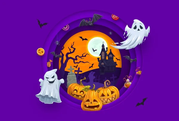 Carta Halloween Tagliare Cartoni Animati Fantasmi Volanti Zucche Castello Halloween — Vettoriale Stock