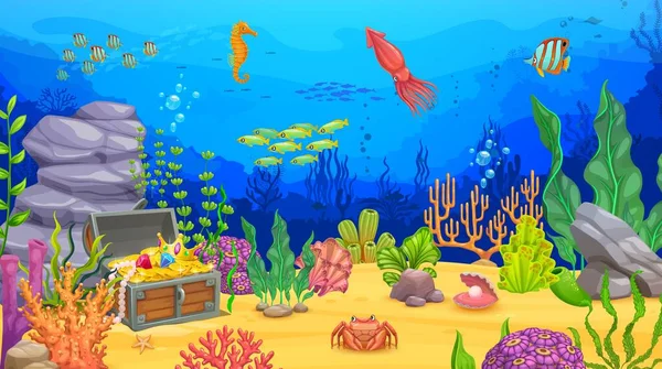 Çizgi Film Sualtı Manzarası Deniz Yosunları Hayvanlar Hazine Sandıkları Vektör — Stok Vektör