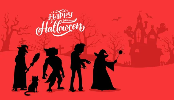Halloween Characters Silhouettes Vector Background Zombie Witch Black Cat Wizard — Stock Vector