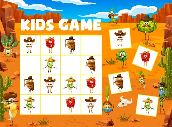 Sudoku Çocuk Oyunu Çizgi Film Kovboyu Şerif Soyguncu Sebze Karakterleri — Stok Vektör