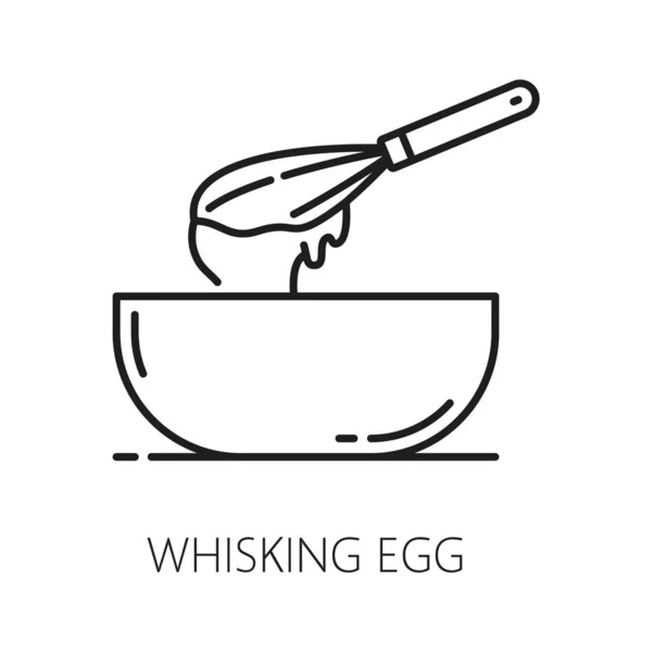 在碗中搅拌鸡蛋 烘焙糕点食品轮廓图标 矢量面团用金属丝搅拌 传统自制甜点烹调 — 图库矢量图片