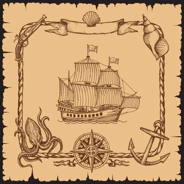 带有绳架或边界草图的老式海盗船 矢量古代海图罗盘风向上升 章鱼怪物和枪 带有帆 旗的古代独木舟或护卫舰 — 图库矢量图片