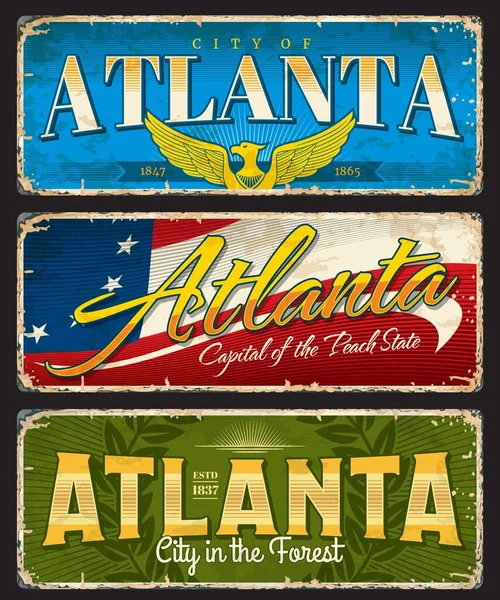 亚特兰大市的旅行车牌和贴纸 美国锡标志 病媒行李标签 美利坚合众国带有亚特兰大市旗 标志和地标或州标志和标语的白板 — 图库矢量图片