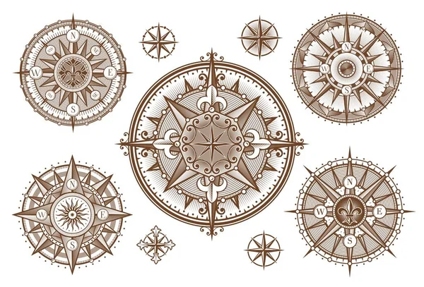 Ročník Středověkého Starožitného Větru Růžové Kompasu Rytiny Sluncem Hvězdami Vektorové — Stockový vektor