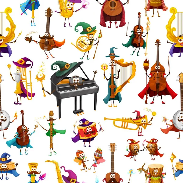 Desenhos Animados Instrumento Musical Feiticeiro Personagens Sem Costura Padrão Música — Vetor de Stock