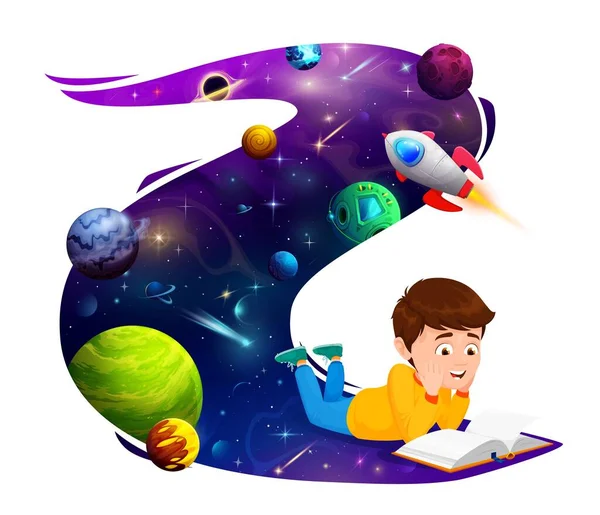 Criança Lendo Livro Pensando Sobre Voo Espacial Foguete Criança Imaginativa —  Vetores de Stock