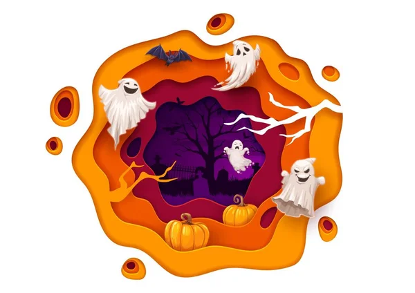 Carta Halloween Tagliare Cartoni Animati Volanti Fantasmi Divertenti Sul Cimitero — Vettoriale Stock
