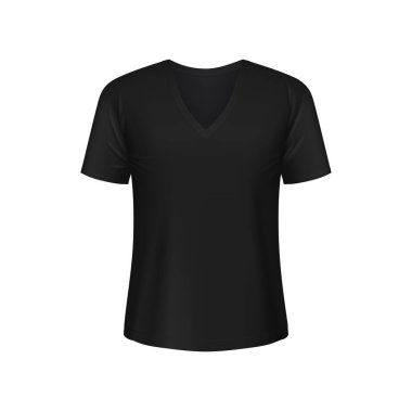 Siyah adam tişörtü, ön manzara. İzole edilmiş 3d vektör gerçekçi erkek tişörtü ya da spor tişörtü şablonu. Giysi, iç çamaşırı ya da spor giysisi.