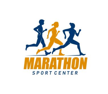 Maraton koşu sporu ikonu, koşu yarışma işareti. Koşu kulübü, spor şampiyonluğu, atletizm kulübü vektör işareti. Koşan erkek ve kadın sporcuların siluetleriyle maraton yarışması simgesi