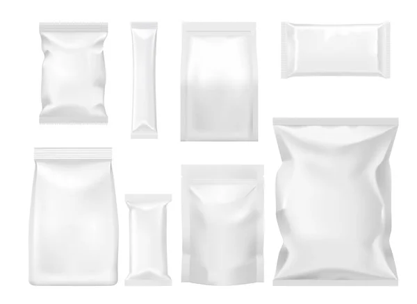Polimer Papír Csomagok Csomagok Mockups Élelmiszer Eldobható Csomagolás Izolált Vektor — Stock Vector
