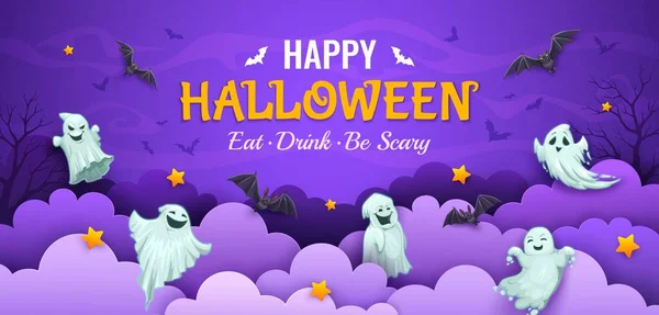Halloween Paper Cut Banner Cartoon Flying Ghosts Vector Holiday Party — Stock Vector
