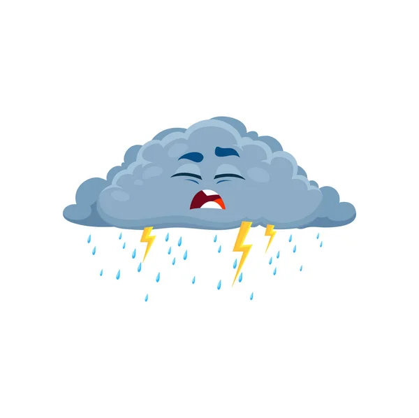 Cartoon Unhappy Lightning Cloud Weather Character Isolated Vector Rainy Fluffy — Stock Vector