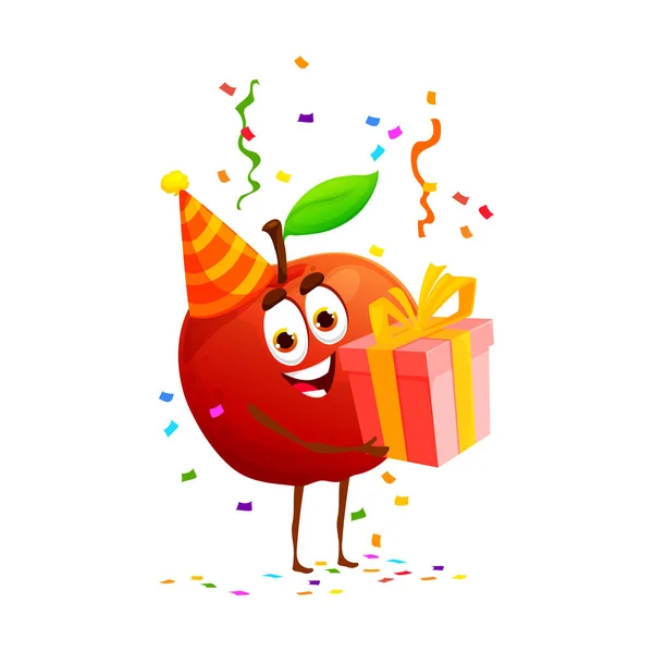 Cartoon Fröhliche Apfelfrucht Charakter Auf Geburtstagsparty Jubiläums Feiertagsfeier Jubiläumsveranstaltung Geburtstagsfeier — Stockvektor