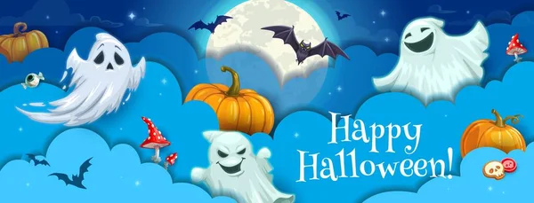 Halloween Papier Coupé Bande Dessinée Voler Monstres Fantômes Bannière Fête — Image vectorielle