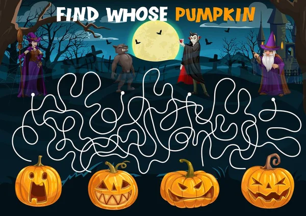 Halloween Labyrinth Maze Help Cartoon Characters Find Pumpkin Kids Vector — Stock Vector