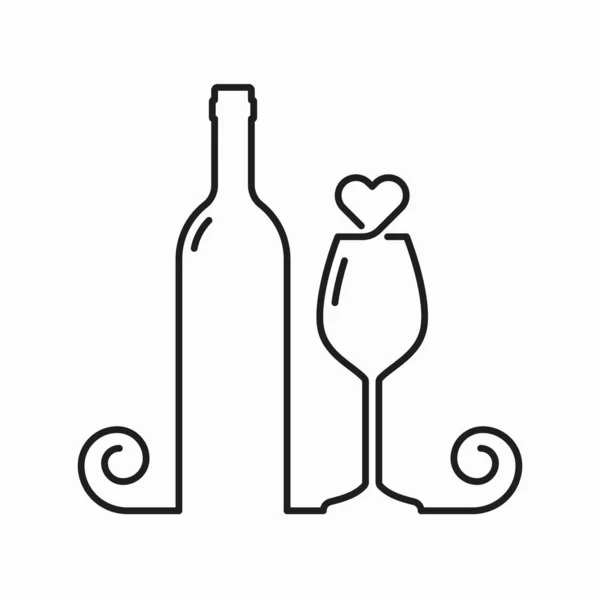 Weinflasche Und Glas Mit Herz Liebe Umreißen Symbol Vector Weingut — Stockvektor