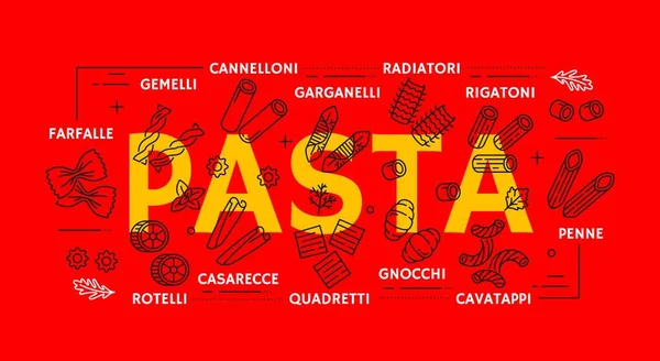 Tésztafajták Banner Vagy Olasz Étel Vékony Vonal Ikonok Olaszország Konyha — Stock Vector