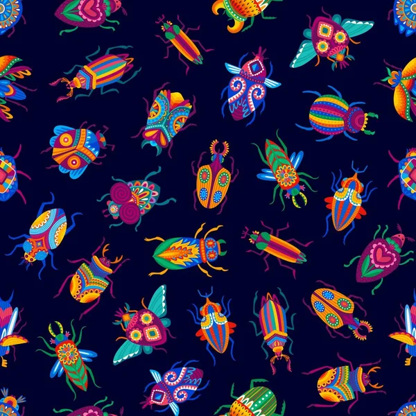 卡通甲虫无缝图案背景的病媒彩色昆虫和昆虫 甲虫或瓢虫的甲壳虫图案 花朵艳丽的装饰或墨西哥万花筒艺术或拼凑图案 — 图库矢量图片
