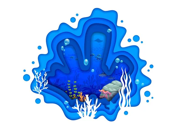 Cartoon Tropical Sea Paper Cut Underwater Landscape Fishes Manta Ray — Stock Vector