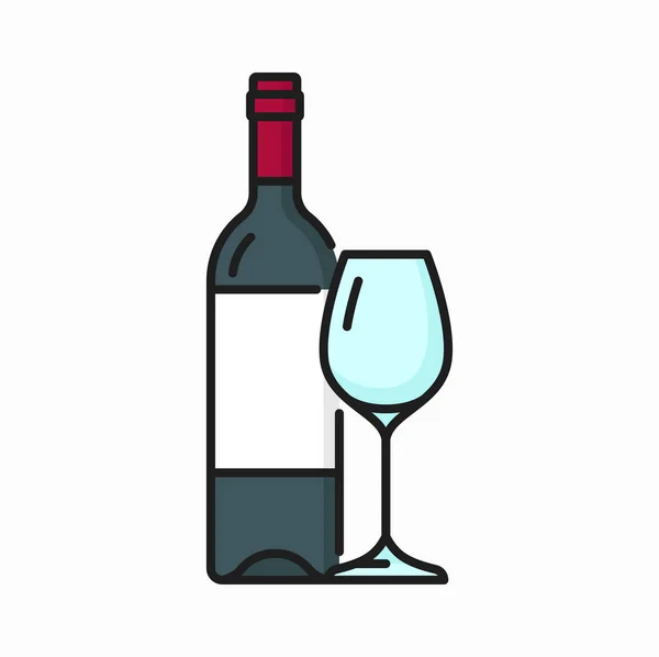 赤ワインとガラス絶縁カラーラインアイコンのボトル ベクトルメルロ半甘いアルコール飲料 ワイナリー製品 ガラス瓶 ブルゴーニュドリンクとゴブレット — ストックベクタ