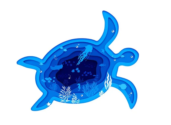 Schildkrötensilhouette Unterwasserlandschaft Aus Papier Mit Quallen Und Algen Vektor Aus — Stockvektor