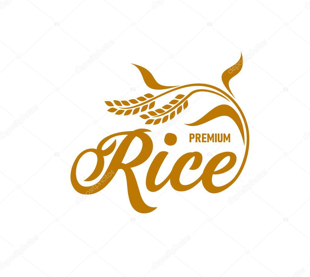 Rice icon, organic food package label, natural bio cereal and flour vector symbol. Premium quality rice icon of ear and stalk silhouette for farm food store or rice and grain food packaging