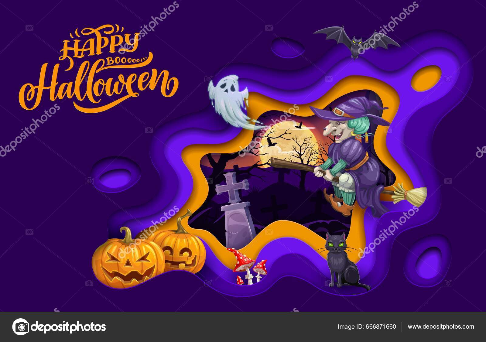 Corte de papel da festa de halloween, bruxa voando no céu