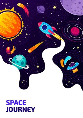 Space flyer. Cartoon spaceship, UFO and space stars, galaxy planets, comets and meteors with vector background of dark starry sky. Astronomy science, galaxy cosmos travel and planetarium themes clipart