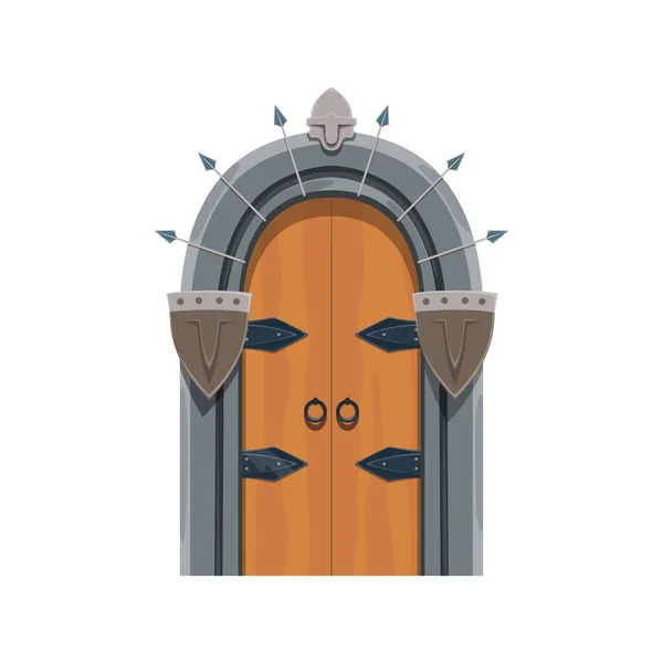 中世の城のゲートか石のアーチ ベクターの漫画が付いている要塞のダンジョン木のドア 中世の宮殿または古代の金属製のドアノブ 城または保護者の盾が付いている城の入口が付いている要塞の戸口 — ストックベクタ